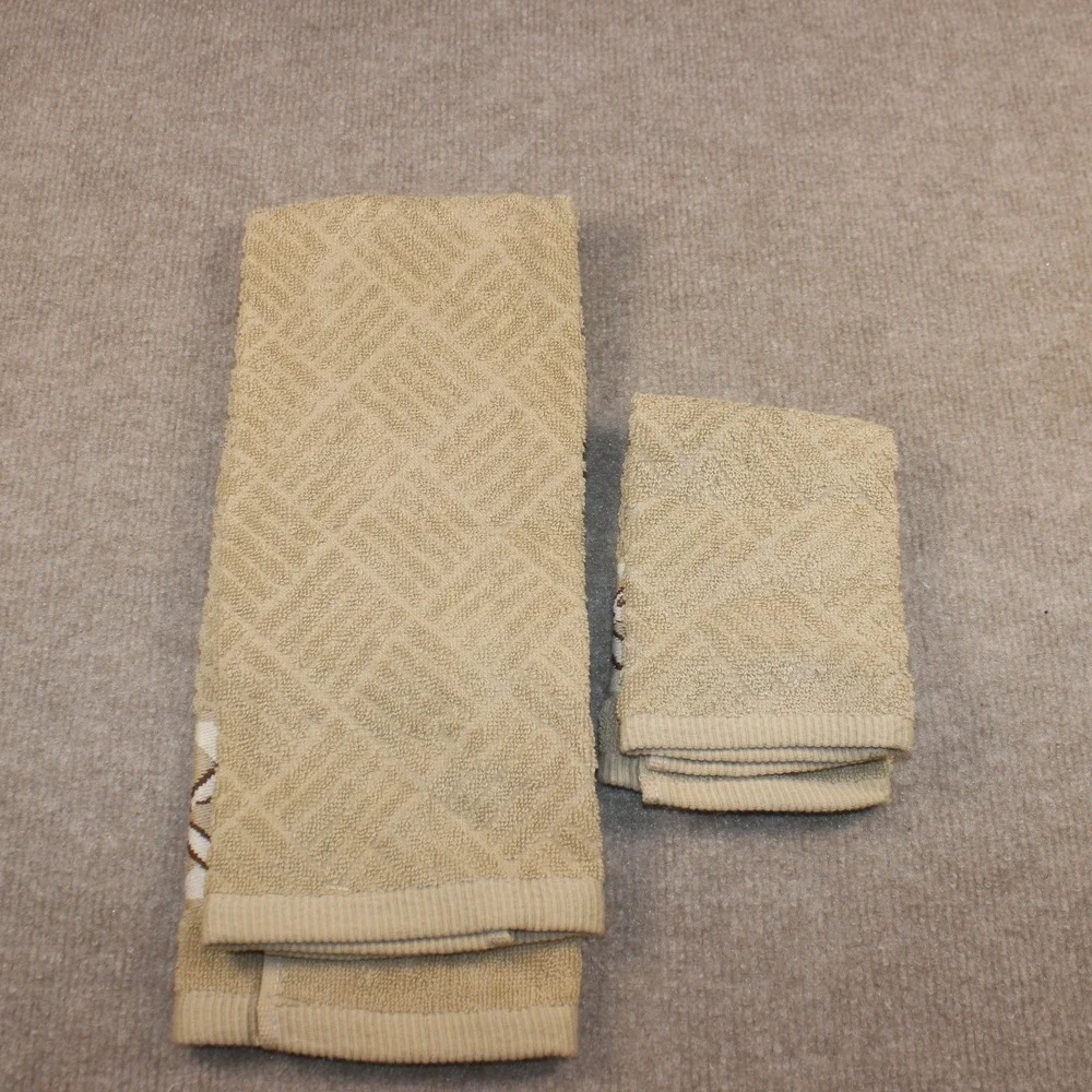Tan Kitchen Towel Set Embroidered Cutlery Utensil Border Hand Towel Washcloth